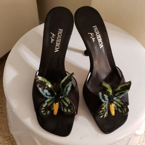 Figueroa fait main blk satin & suede mule